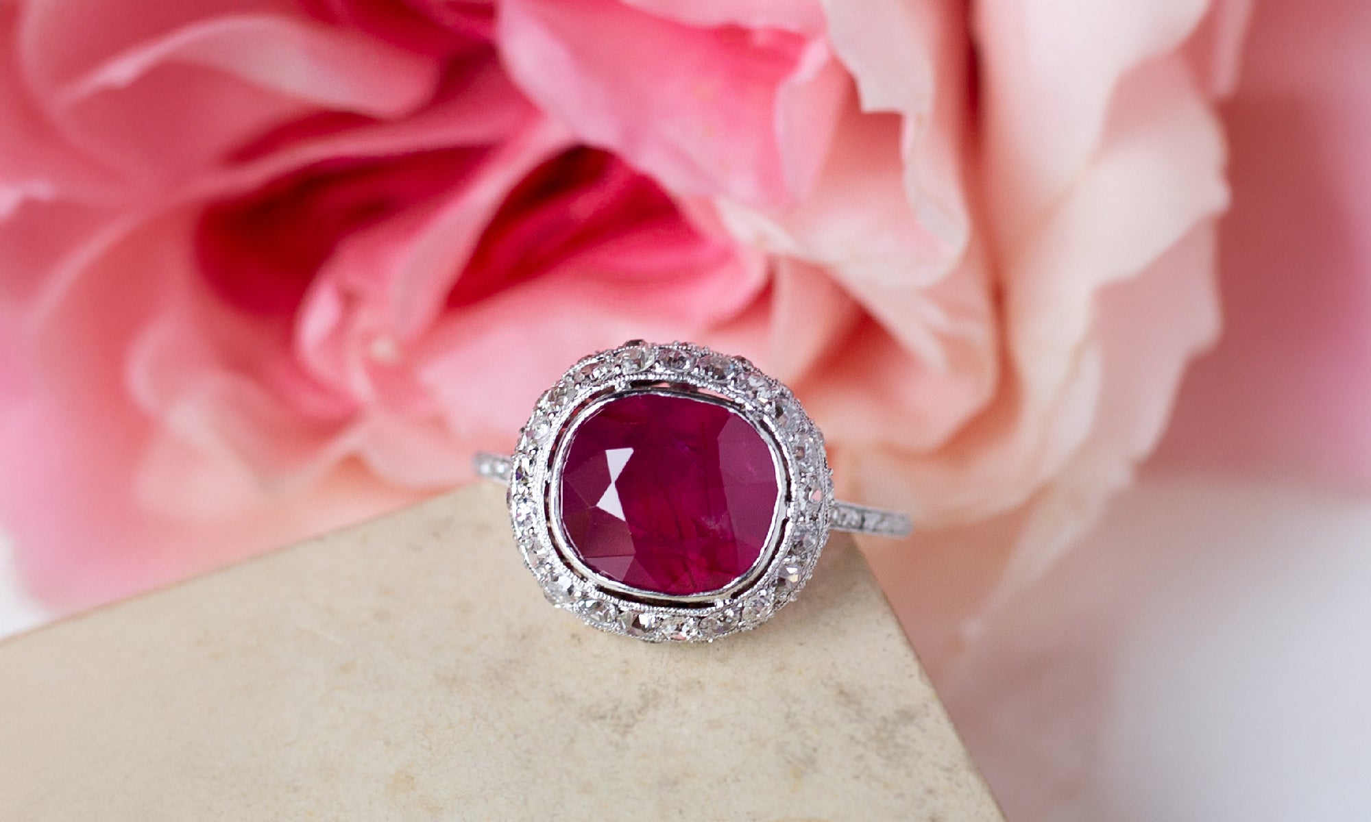 Art Deco Platinum GIA 4.38 Carat No Heat Burmese Ruby and Diamond Ring | July Birthstone at Walton's Jewelry