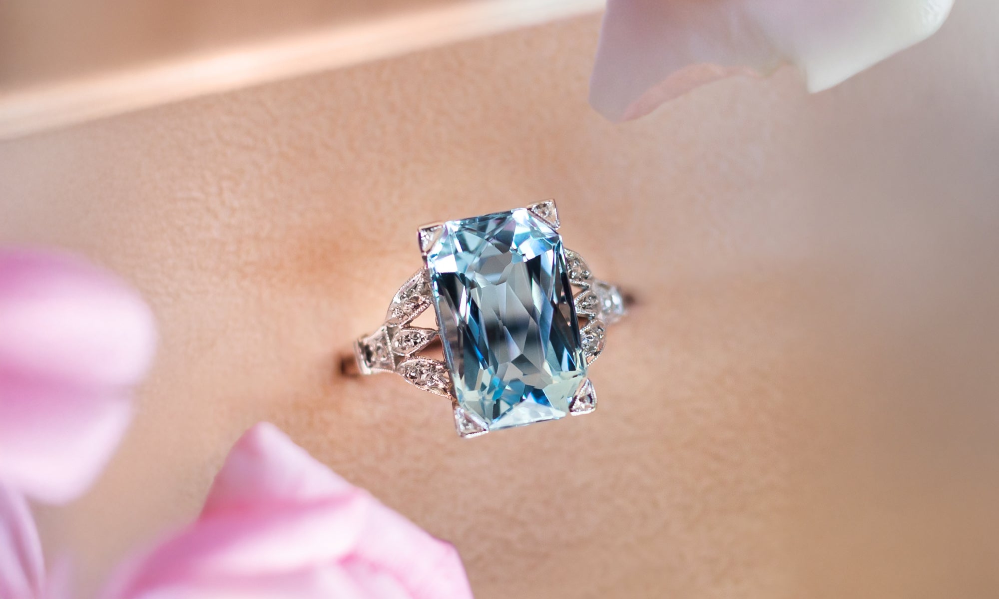Art Deco 5.35 Carat Modified Step Cut Aquamarine and Diamond Ring | March Birthstone at Walton's Jewelry