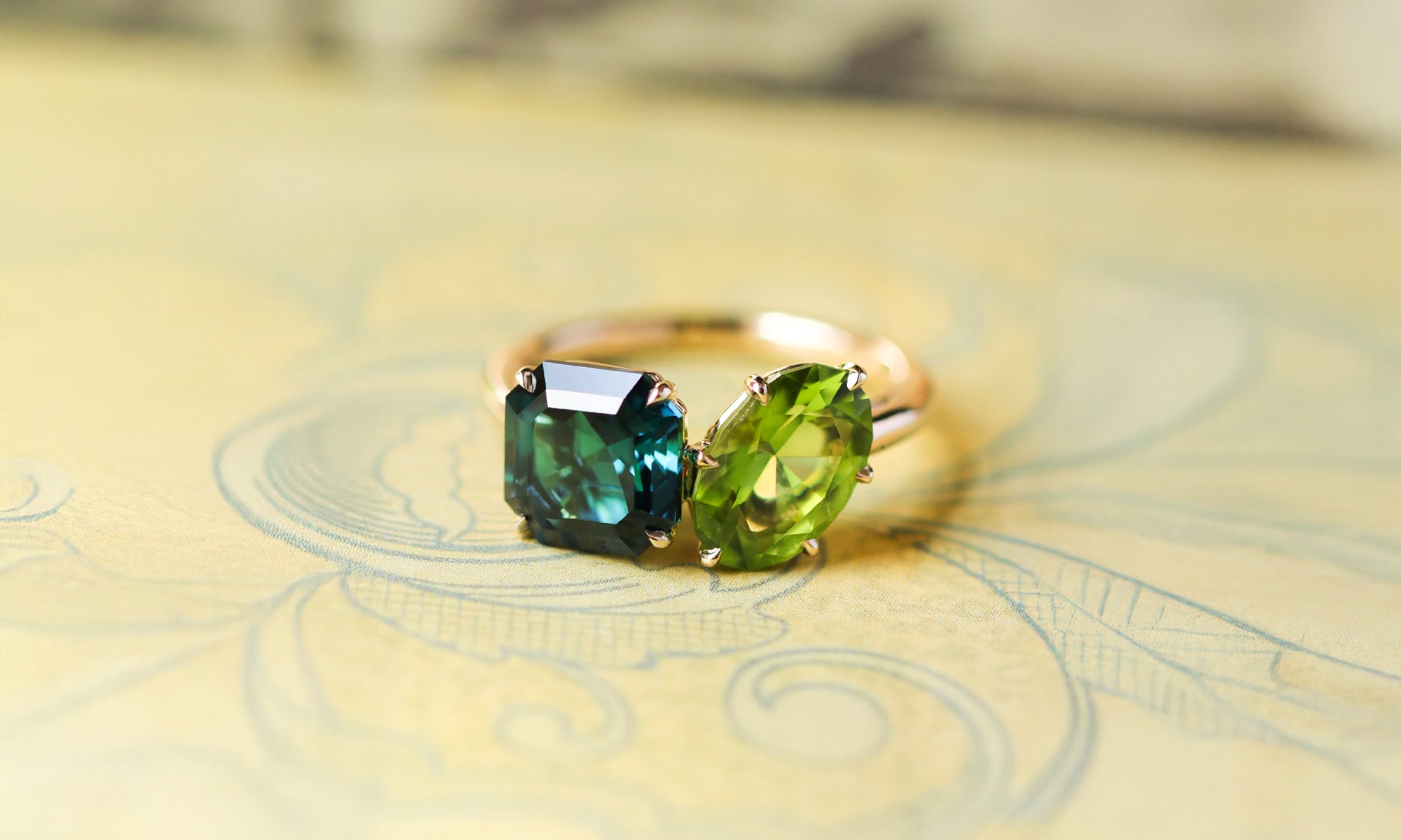 Custom Yellow Gold Tourmaline and Peridot Toi et Moi Ring | August Birthstone at Walton's Jewelry