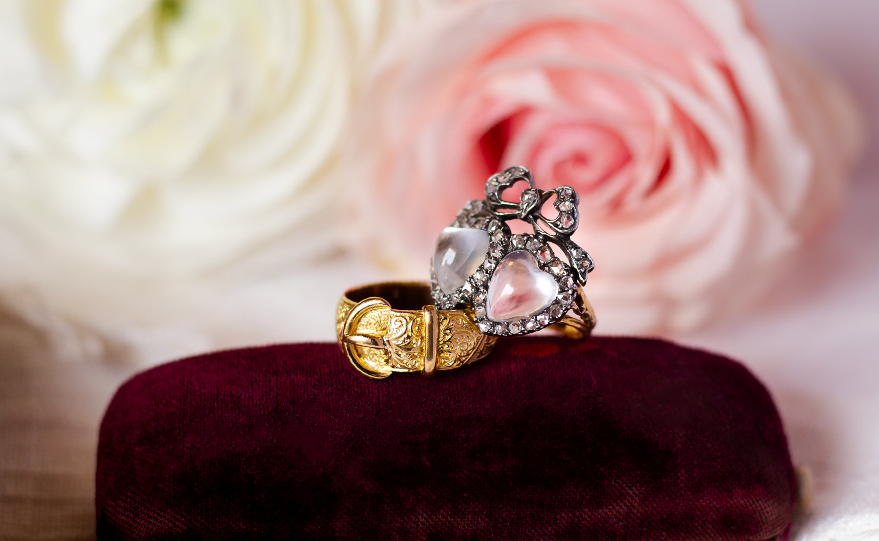Victorian Yellow Gold Buckle Ring and Georgian Double Heart Moonstone and Rose Cut Diamond Ring, available at Walton's Jewelry