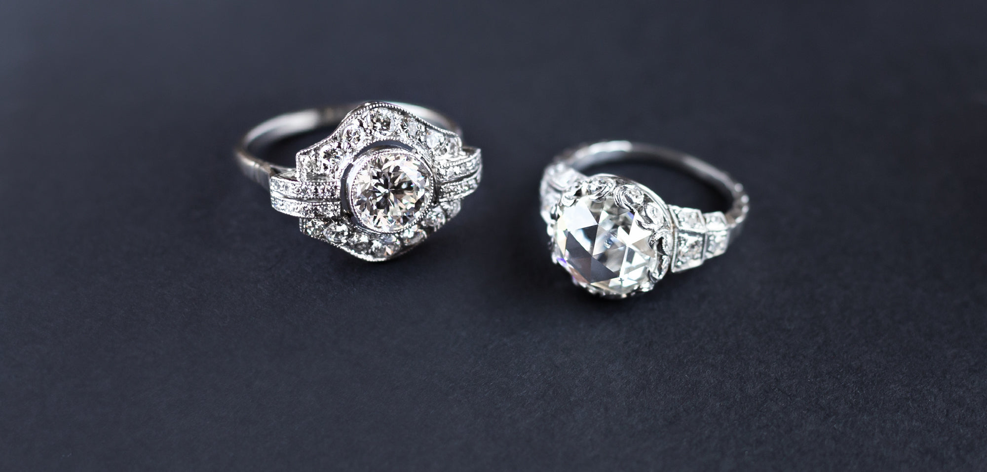 Two Art Deco Diamond Rings in Platinum with Old European Cut and Rose Cut Diamonds | Art Deco Jewelry at Walton's Jewelry
