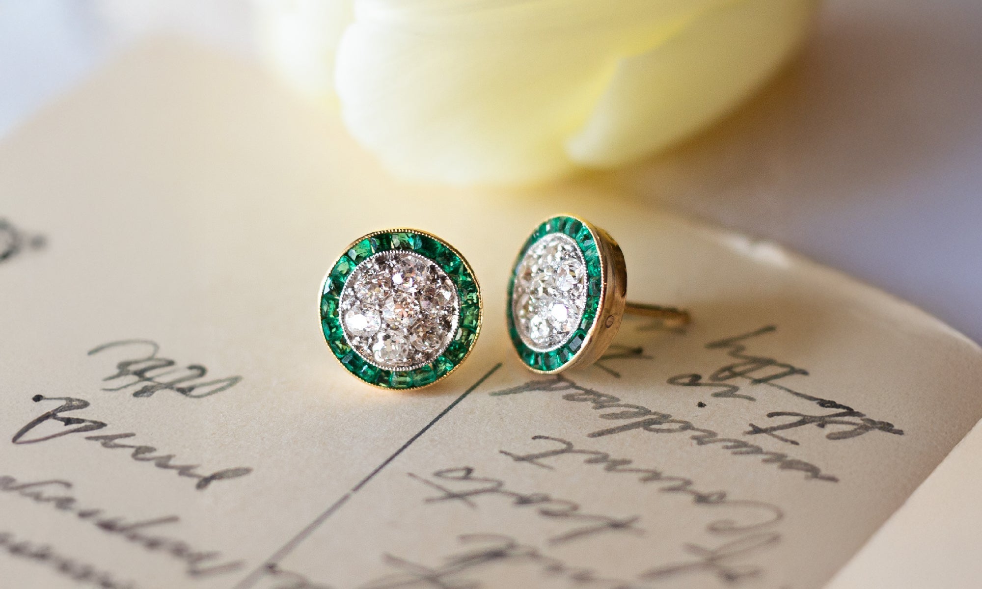 Estate Diamond Cluster and Emerald Halo Stud Earrings | Available at Walton's Jewelry