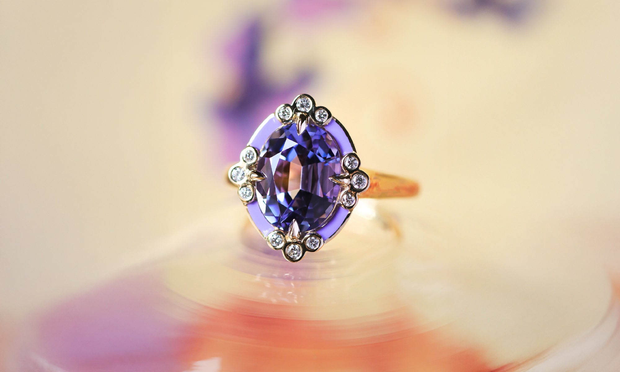 14K Yellow Gold Tanzanite, Diamond, and Purple Enamel Ring, available at Walton's Jewelry