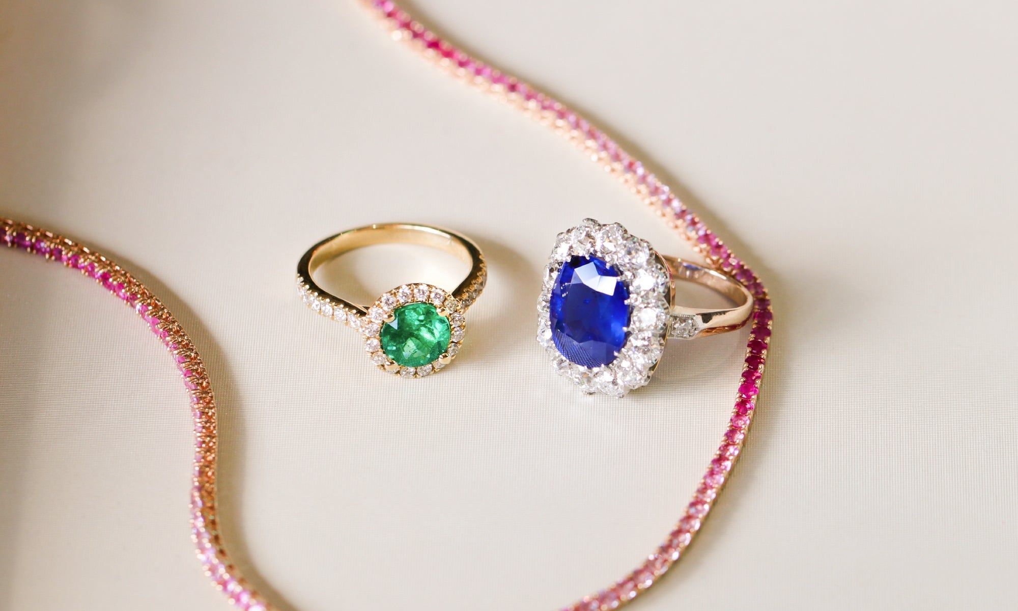 Pink Sapphire and Ruby Ombré Tennis Necklace, Emerald and Diamond Halo Ring, Edwardian Sapphire and Diamond Ring | Colored Gemstone Jewelry at Walton's Jewelry