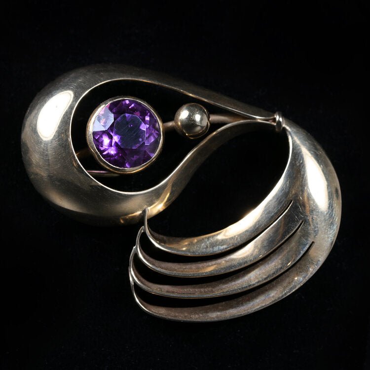 Retro 9K Yellow Gold 3.35 Amethyst Brooch - Walton's Jewelry