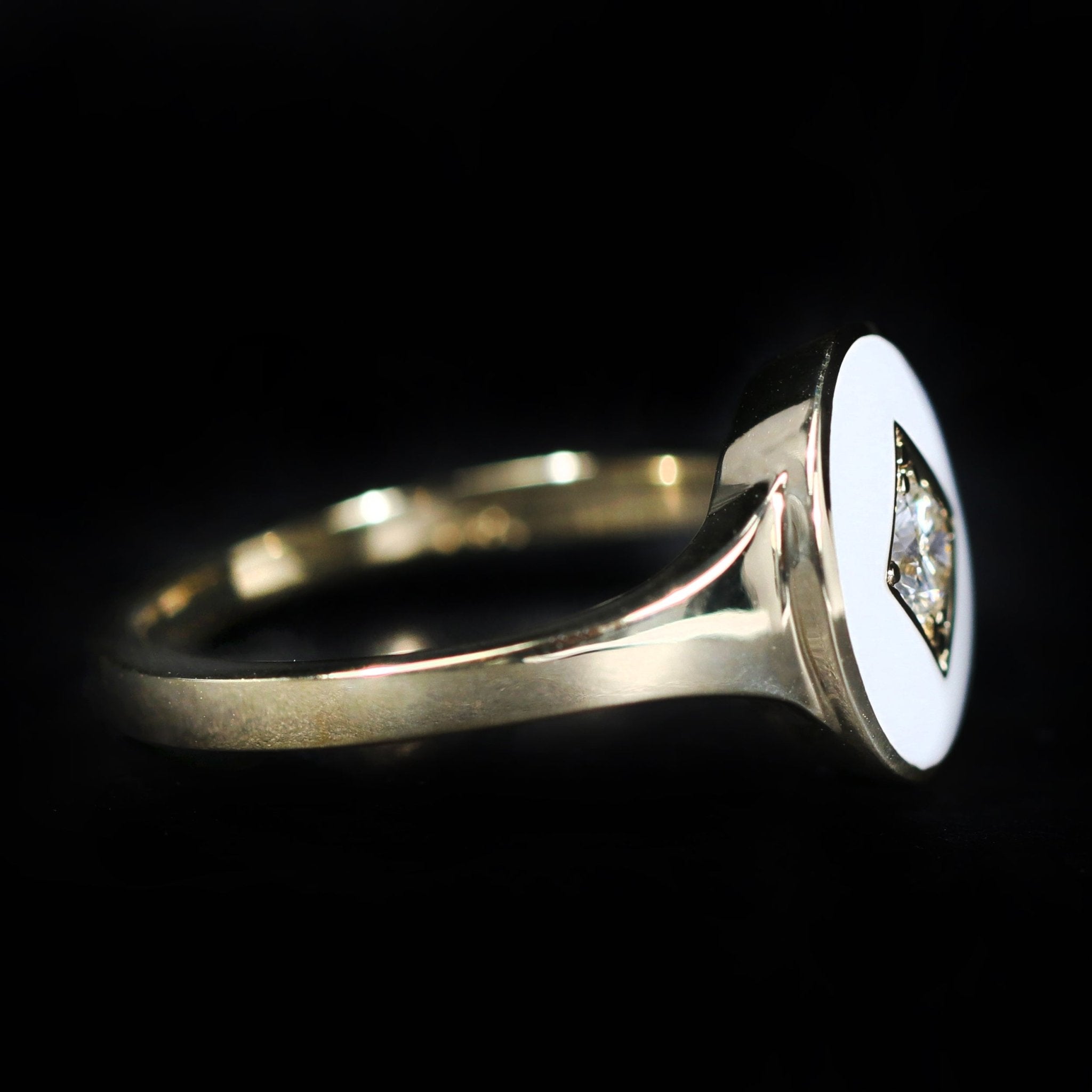 14k Yellow Gold 0.18 Carat Diamond and Enamel Signet Ring - Walton's Jewelry