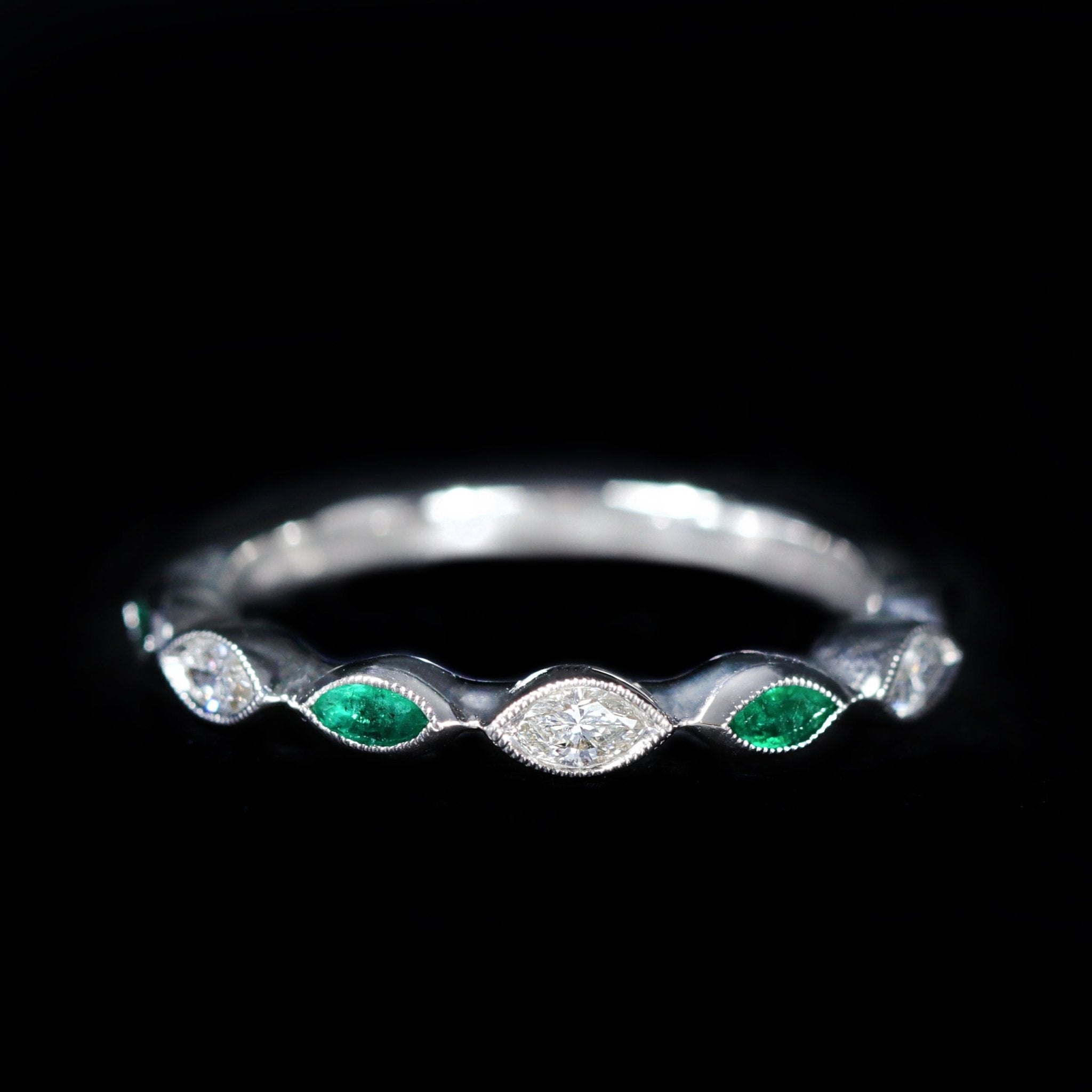 14K White Gold Marquise Cut Emerald and Diamond Band - Walton's Jewelry