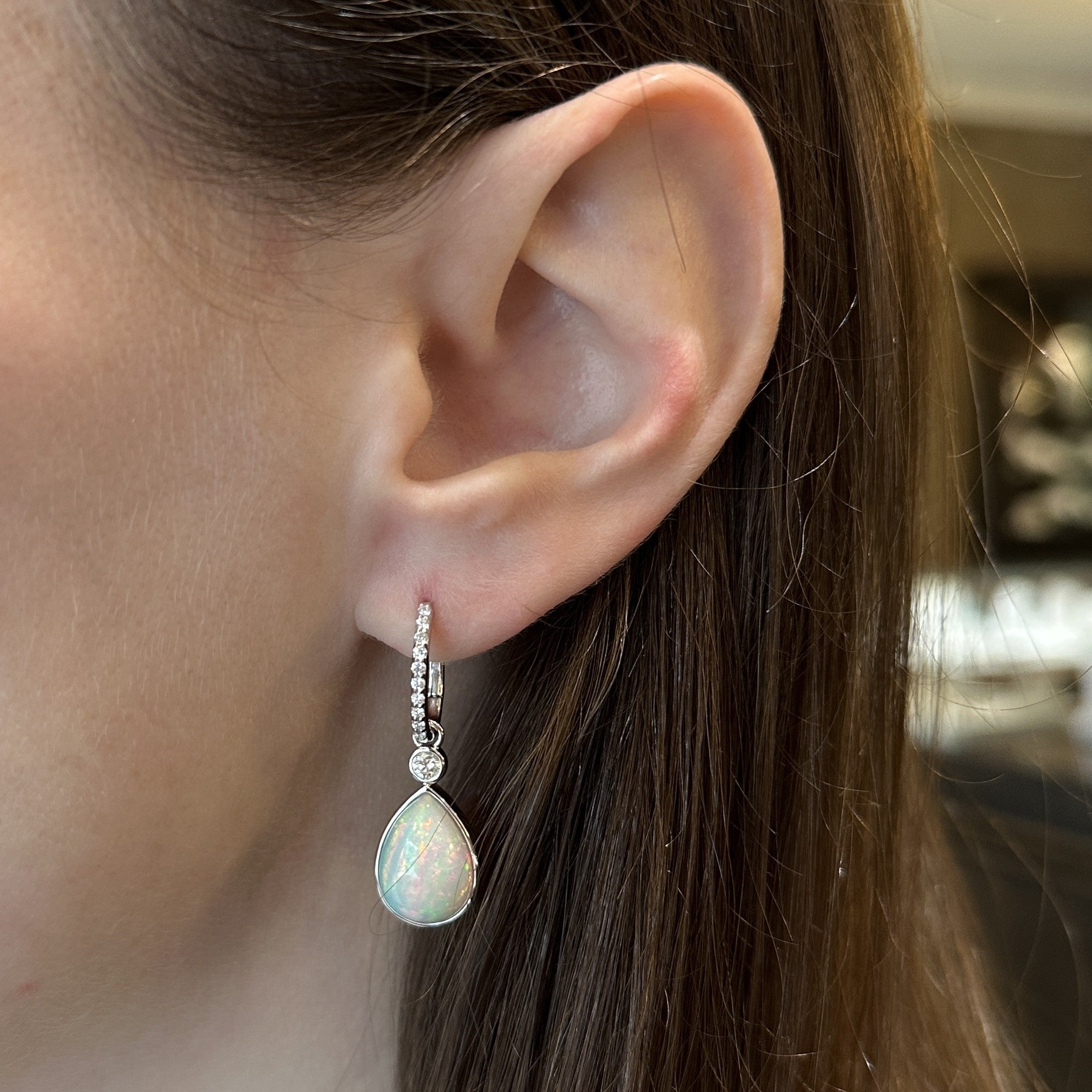 14K White Gold 8.07 CTW Opal and Diamond Dangle Earrings - Walton's Jewelry