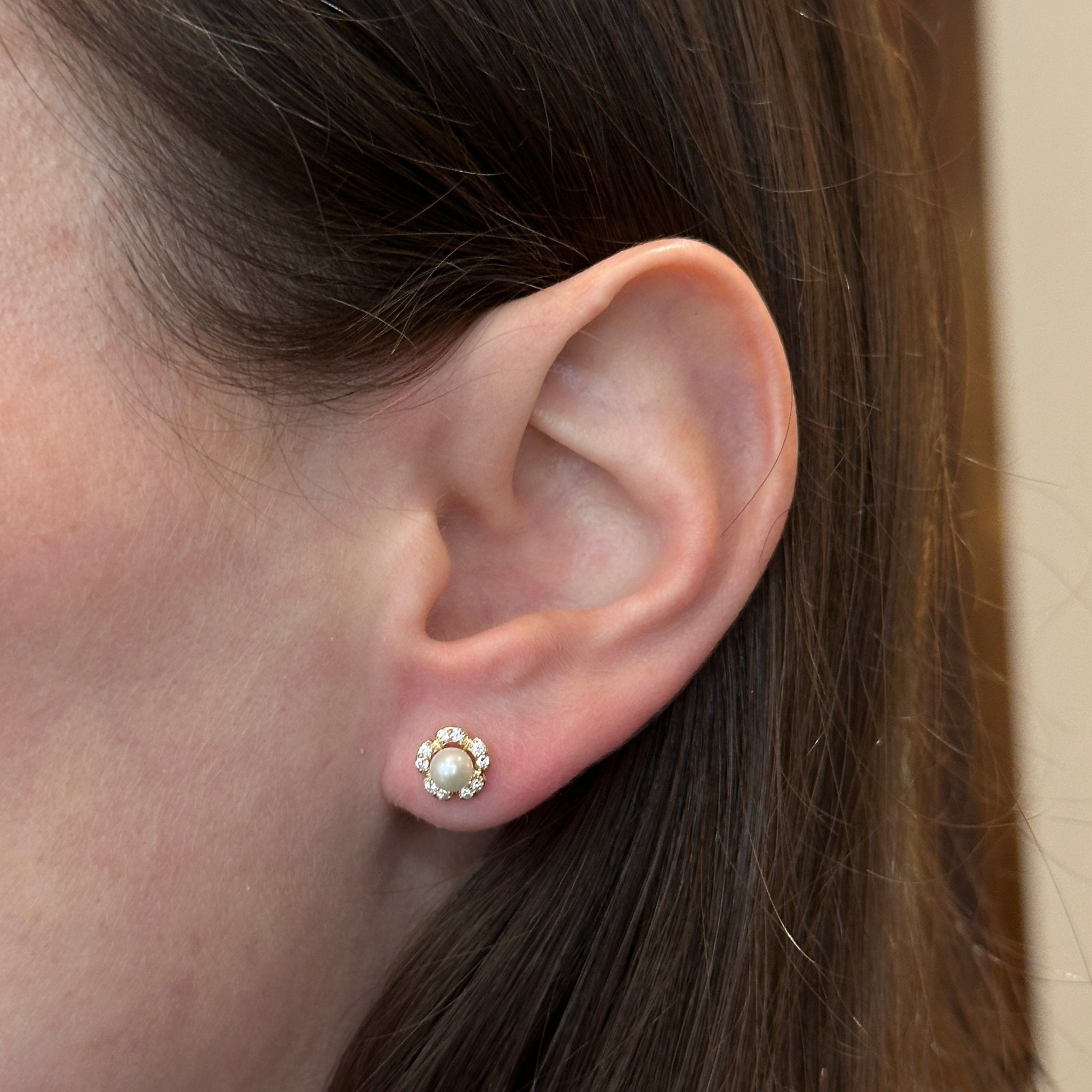 14K Yellow Gold Pearl and Diamond Flower Stud Earrings - Walton's Jewelry