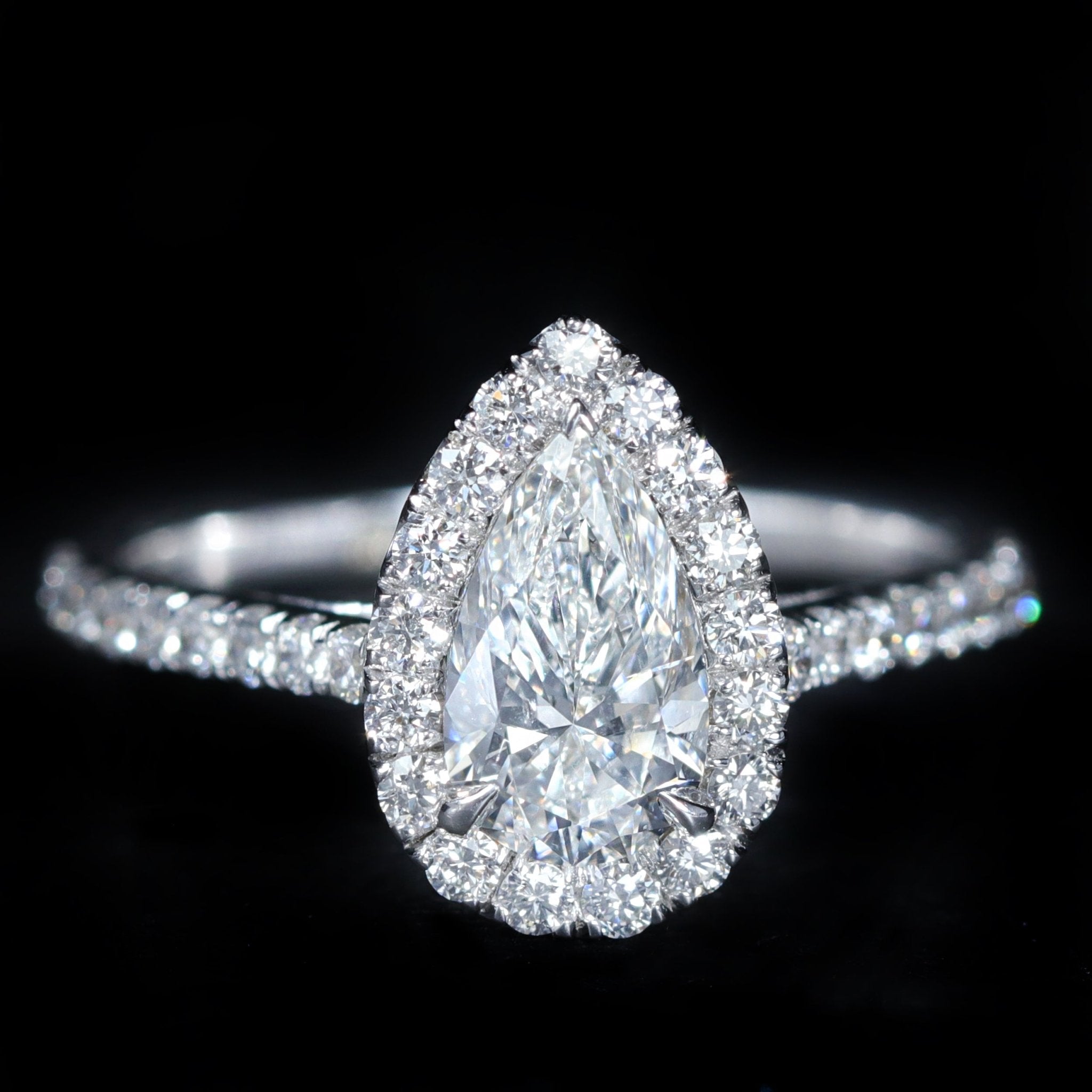 14K White Gold GIA 1.02 Carat Pear Cut Diamond Halo Engagement Ring - Walton's Jewelry