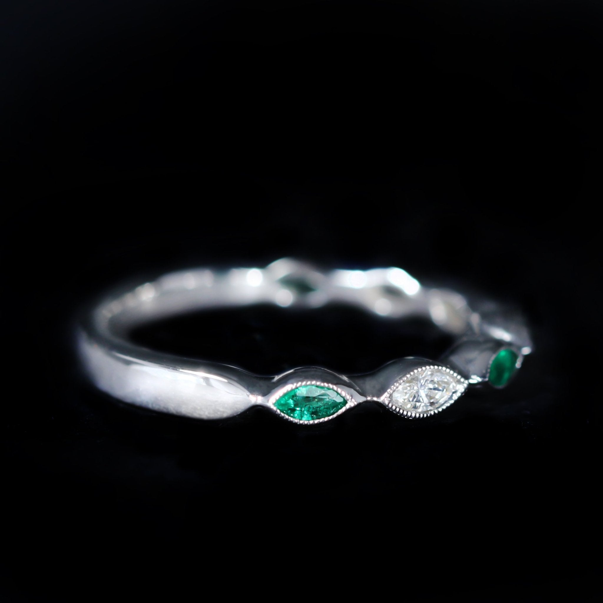 14K White Gold Marquise Cut Emerald and Diamond Band - Walton's Jewelry
