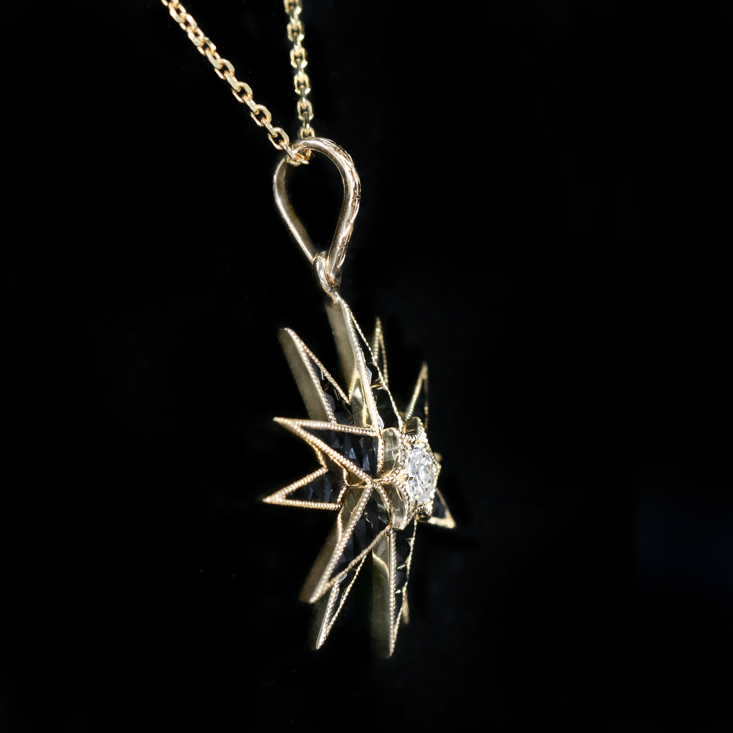 18K Yellow Gold Diamond and Onyx Starburst Pendant