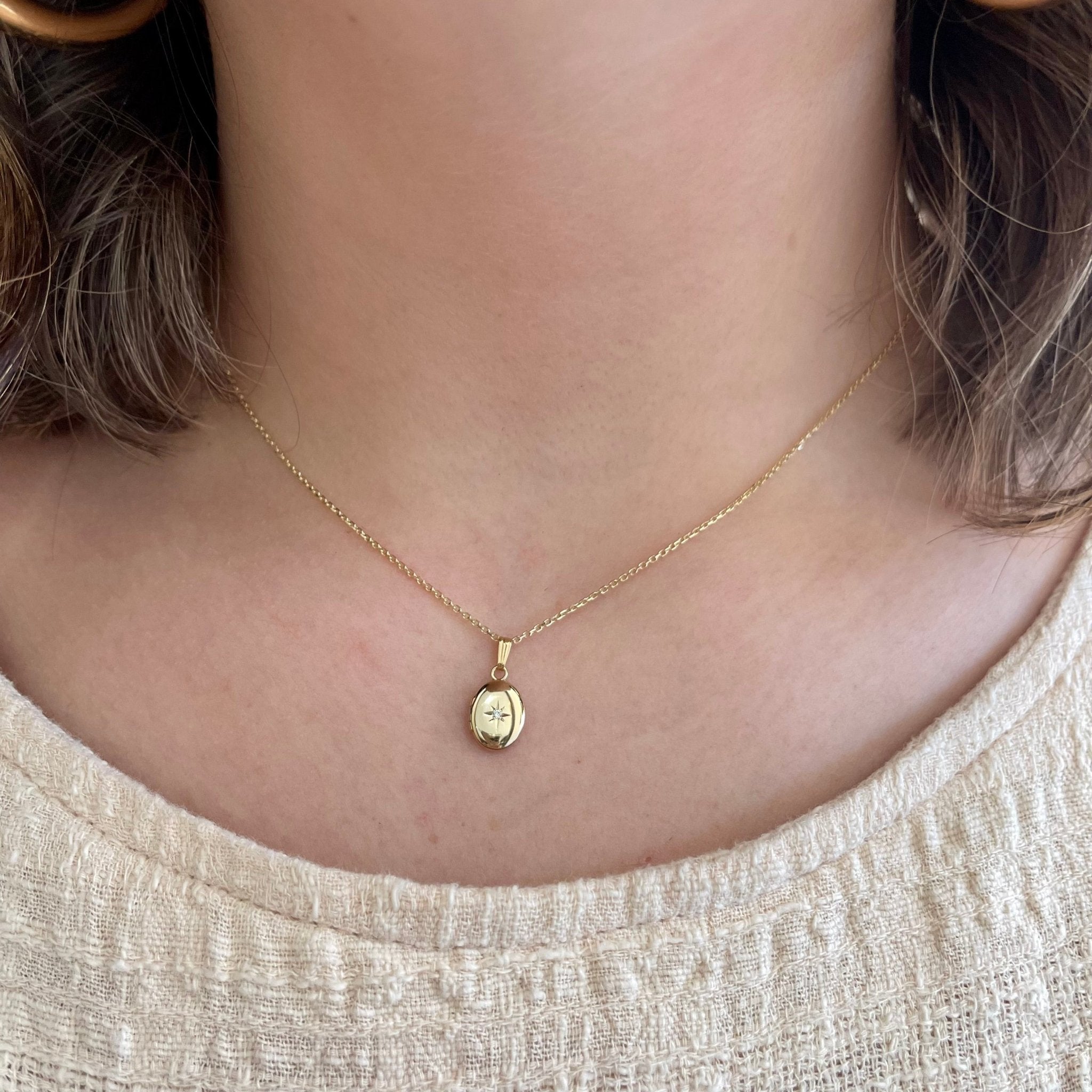 14K Yellow Gold Mini Oval Diamond Locket - Walton's Jewelry