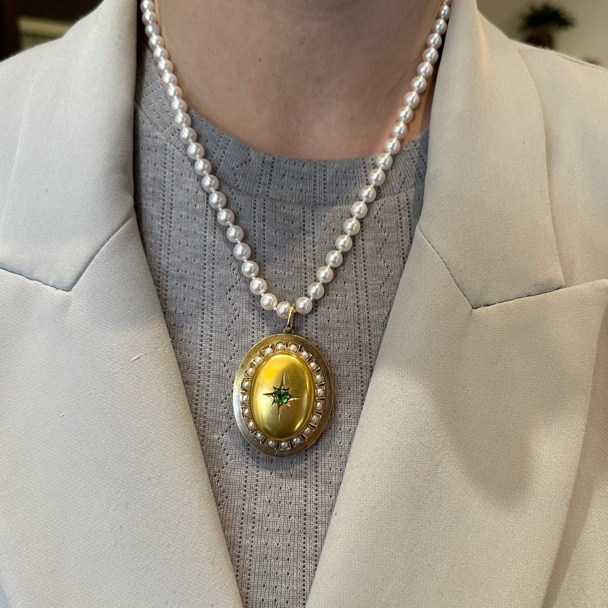 Victorian 14k Yellow Gold Garnet and Pearl Locket Pendant - Walton's Jewelry