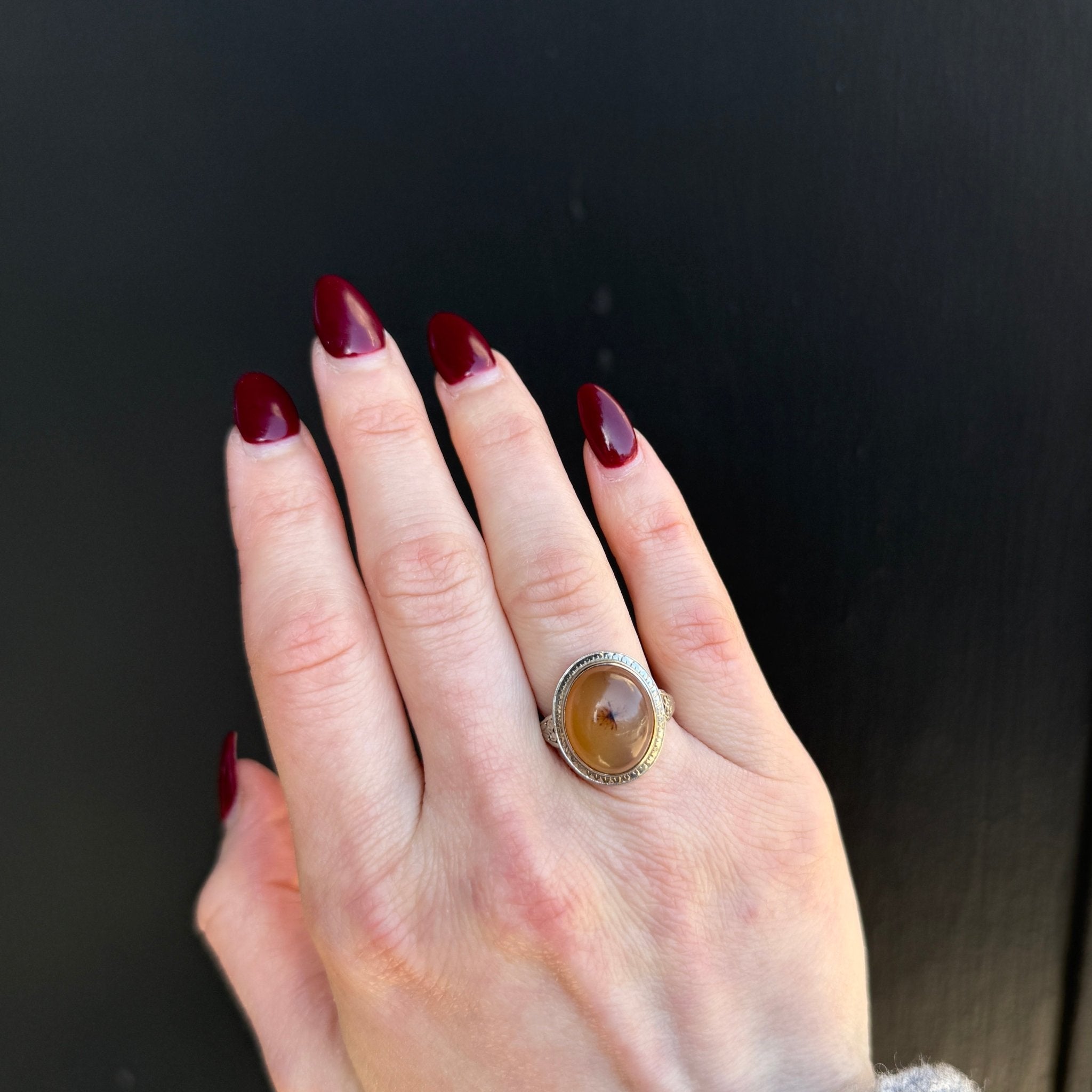 Art Deco 18K White Gold Agate Cabochon Ring - Walton's Jewelry