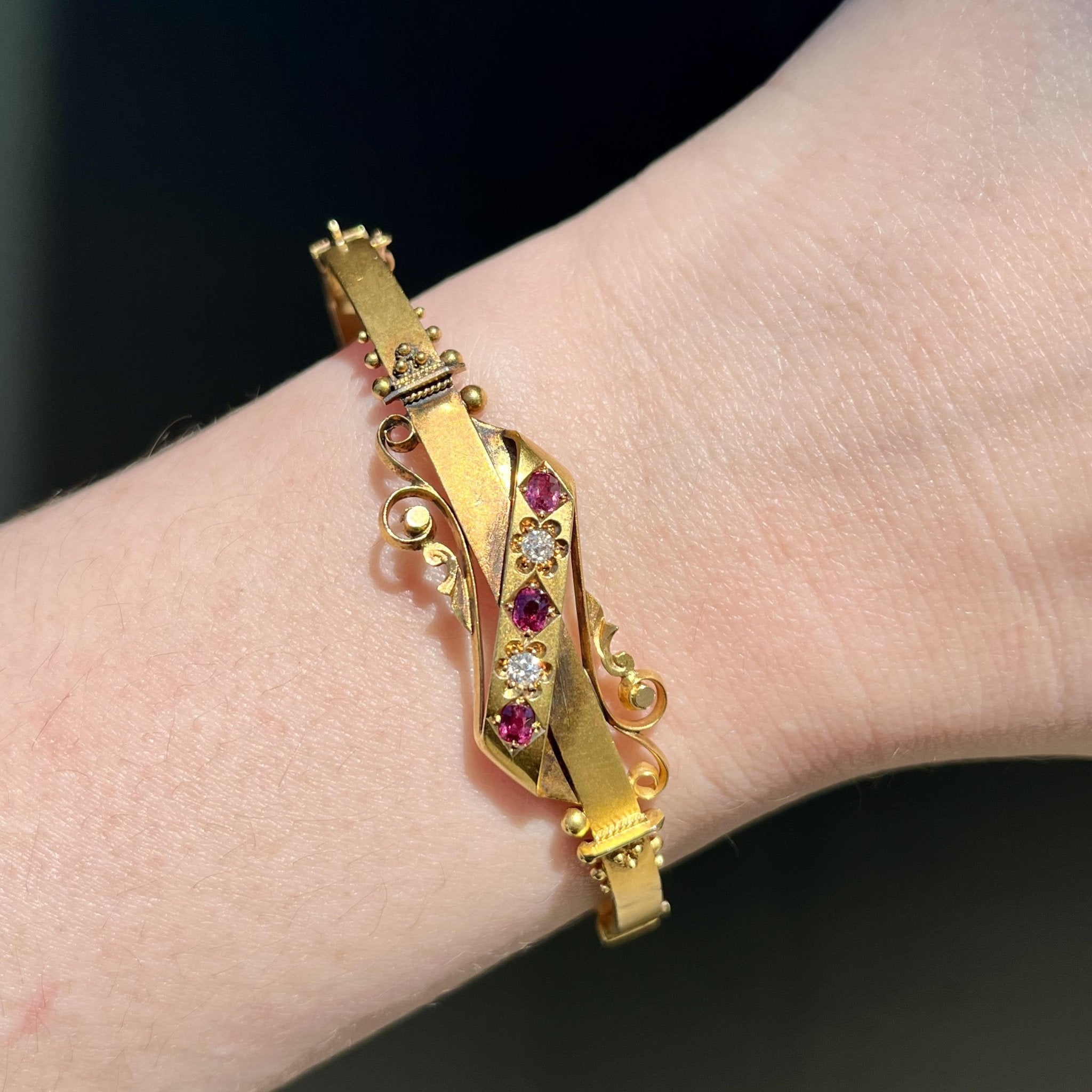 Victorian Etruscan Revival Diamond and Ruby Bangle Bracelet - Walton's Jewelry