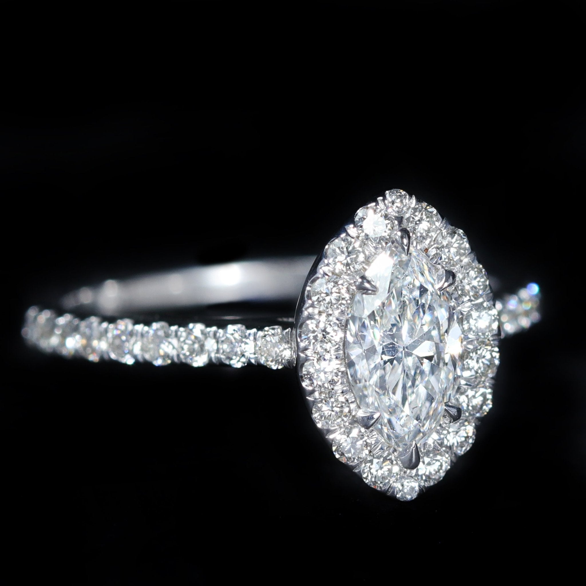 14K White Gold GIA 0.75 Carat Marquise Cut Diamond Halo Engagement Ring - Walton's Jewelry