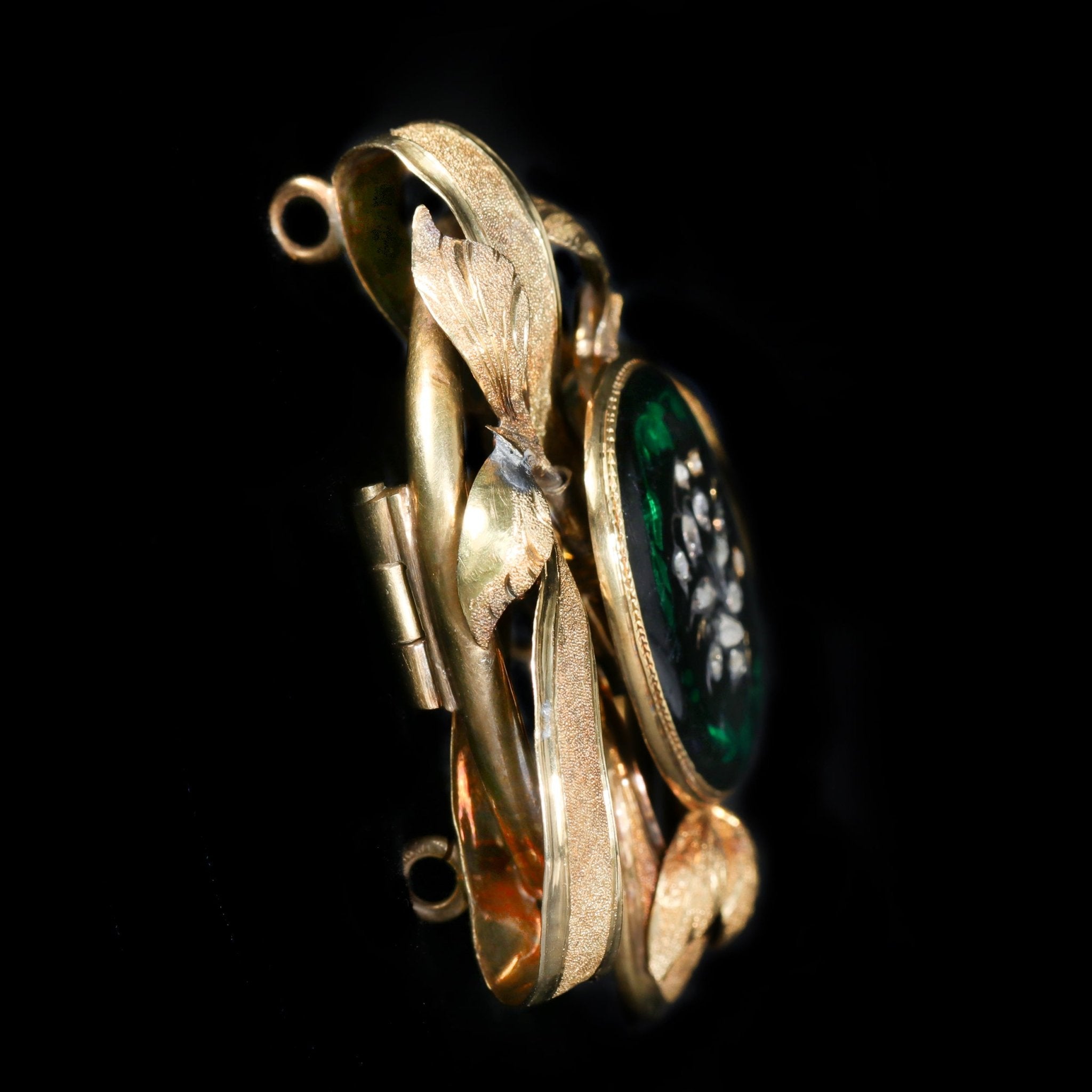 Victorian 18K Yellow Gold Rose Cut Diamond and Enamel Brooch - Walton's Jewelry