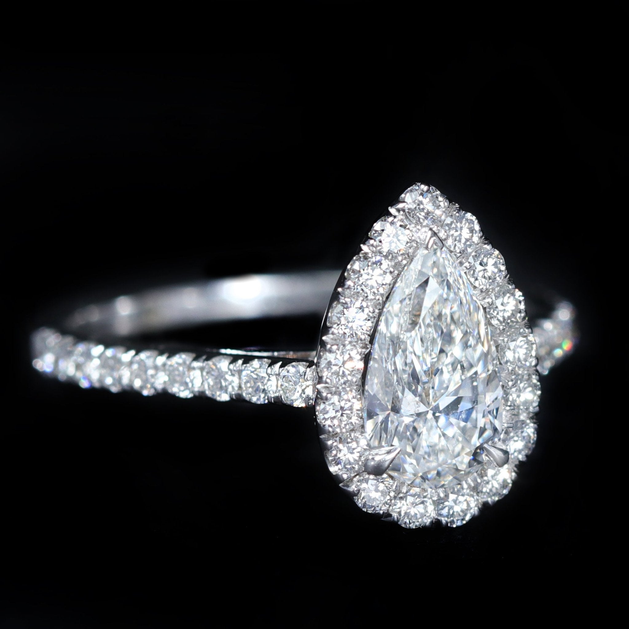 14K White Gold GIA 1.02 Carat Pear Cut Diamond Halo Engagement Ring - Walton's Jewelry