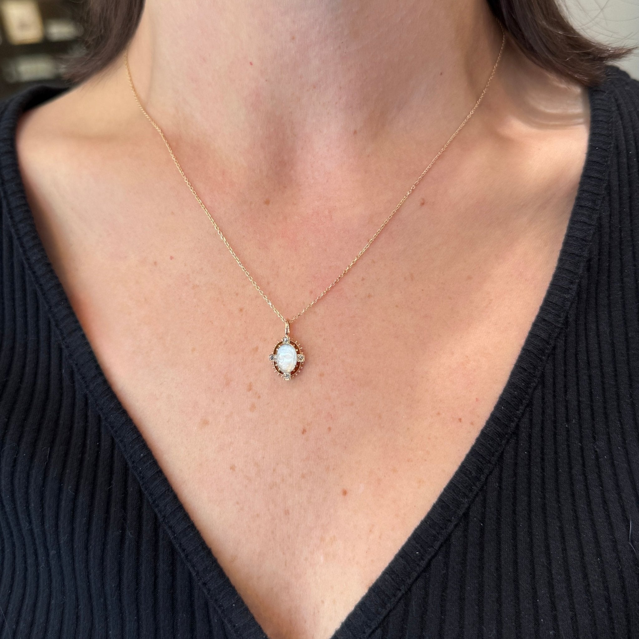 Victorian Moonstone Cameo and Rose Cut Diamond Pendant - Walton's Jewelry