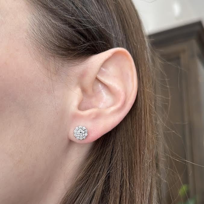 14K White Gold GIA 1.13 CTW Diamond Halo Stud Earrings - Walton's Jewelry