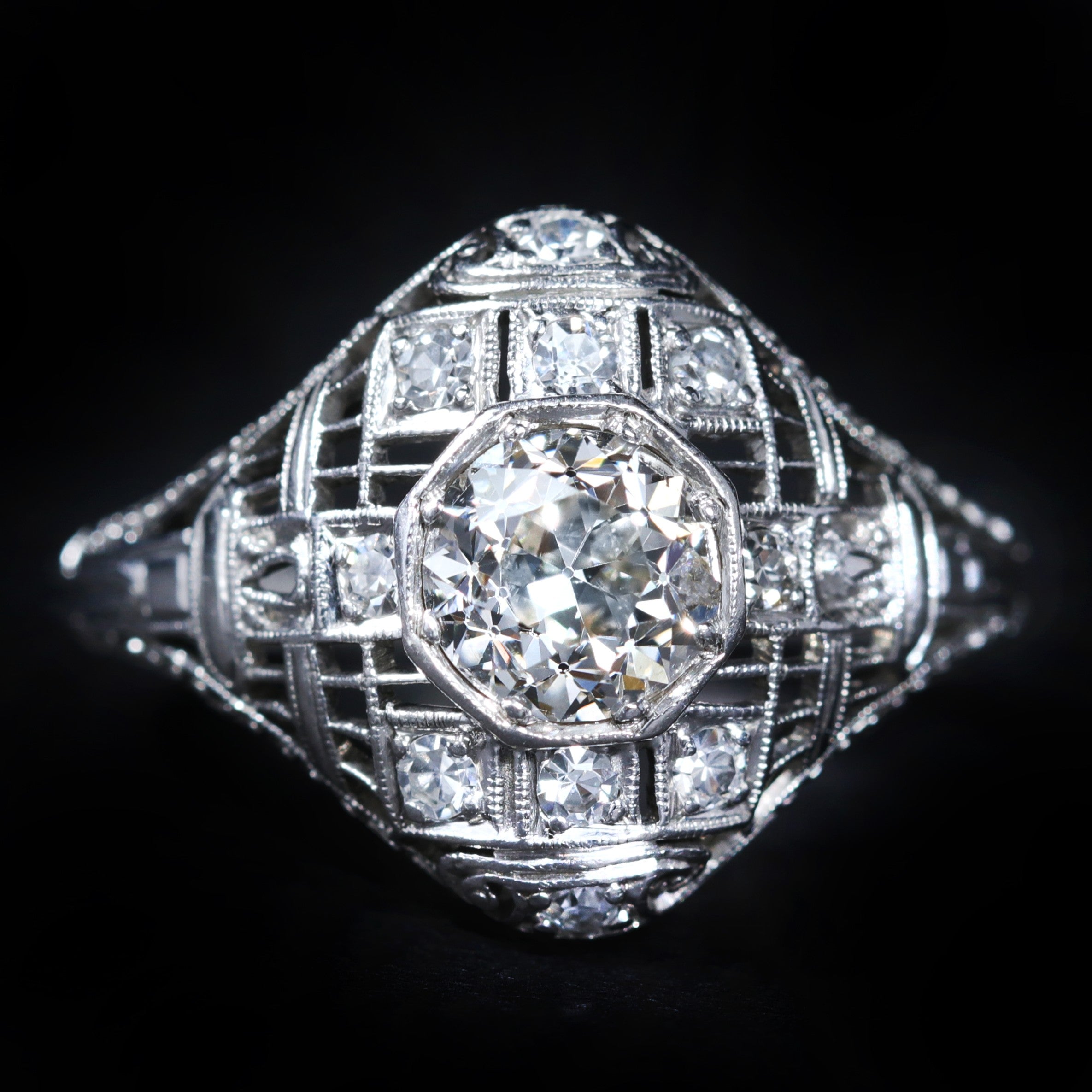 Art Deco Platinum 0.85 Carat Old European Cut Diamond Ring