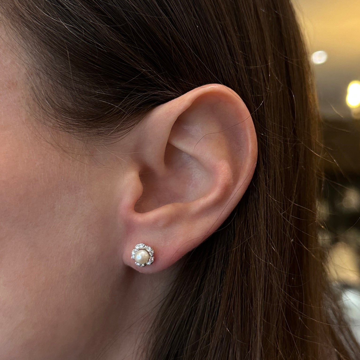 14K White Gold Pearl and Diamond Flower Stud Earrings - Walton's Jewelry