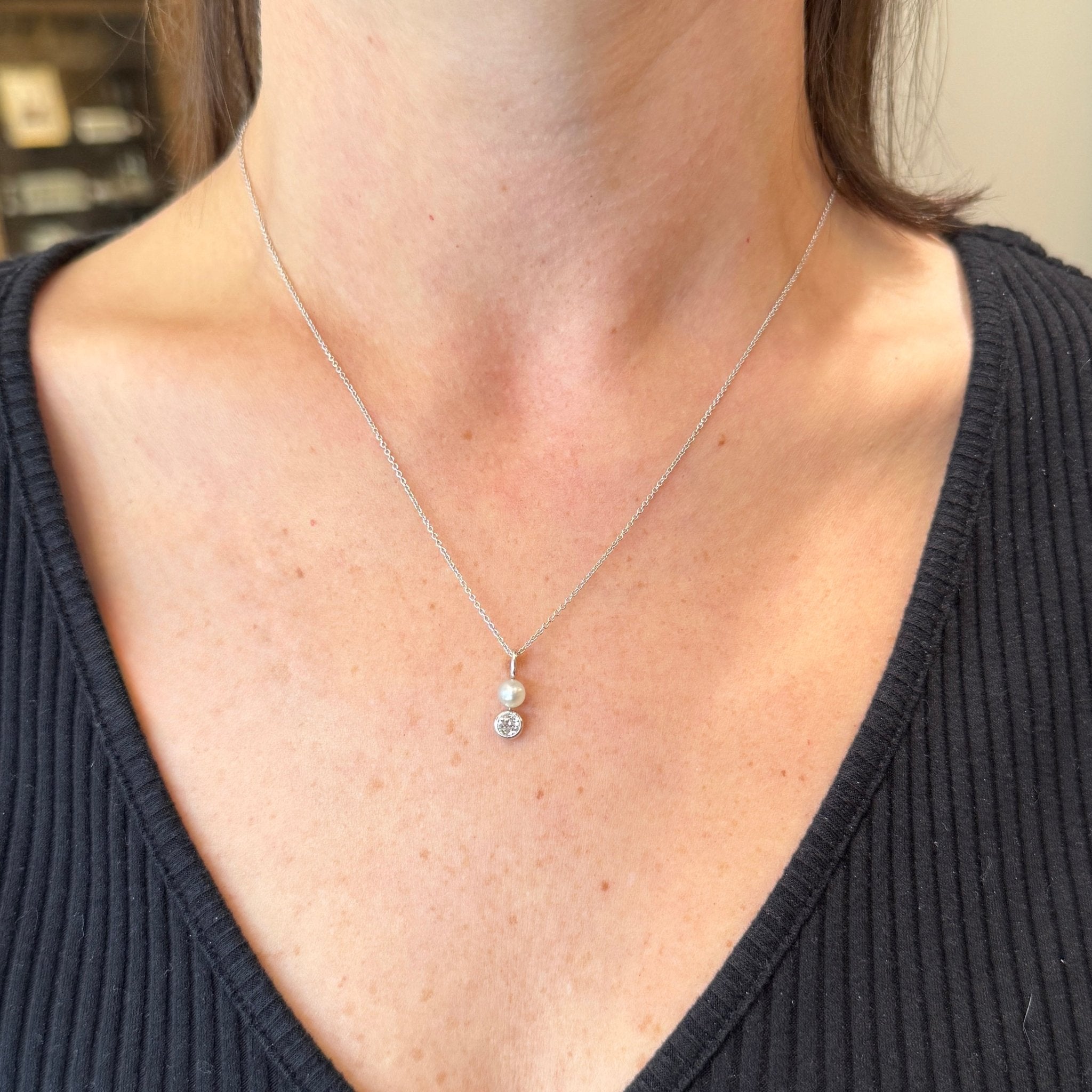 Art Deco 0.25 Carat Old Mine Cut Diamond and Pearl Pendant - Walton's Jewelry