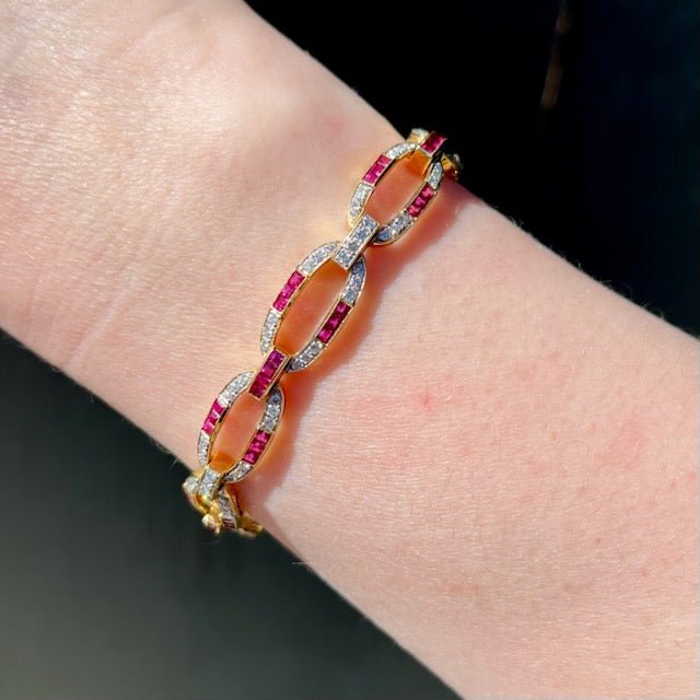 Mid Century 4.00 CTW Ruby and Diamond Link Bracelet - Walton's Jewelry