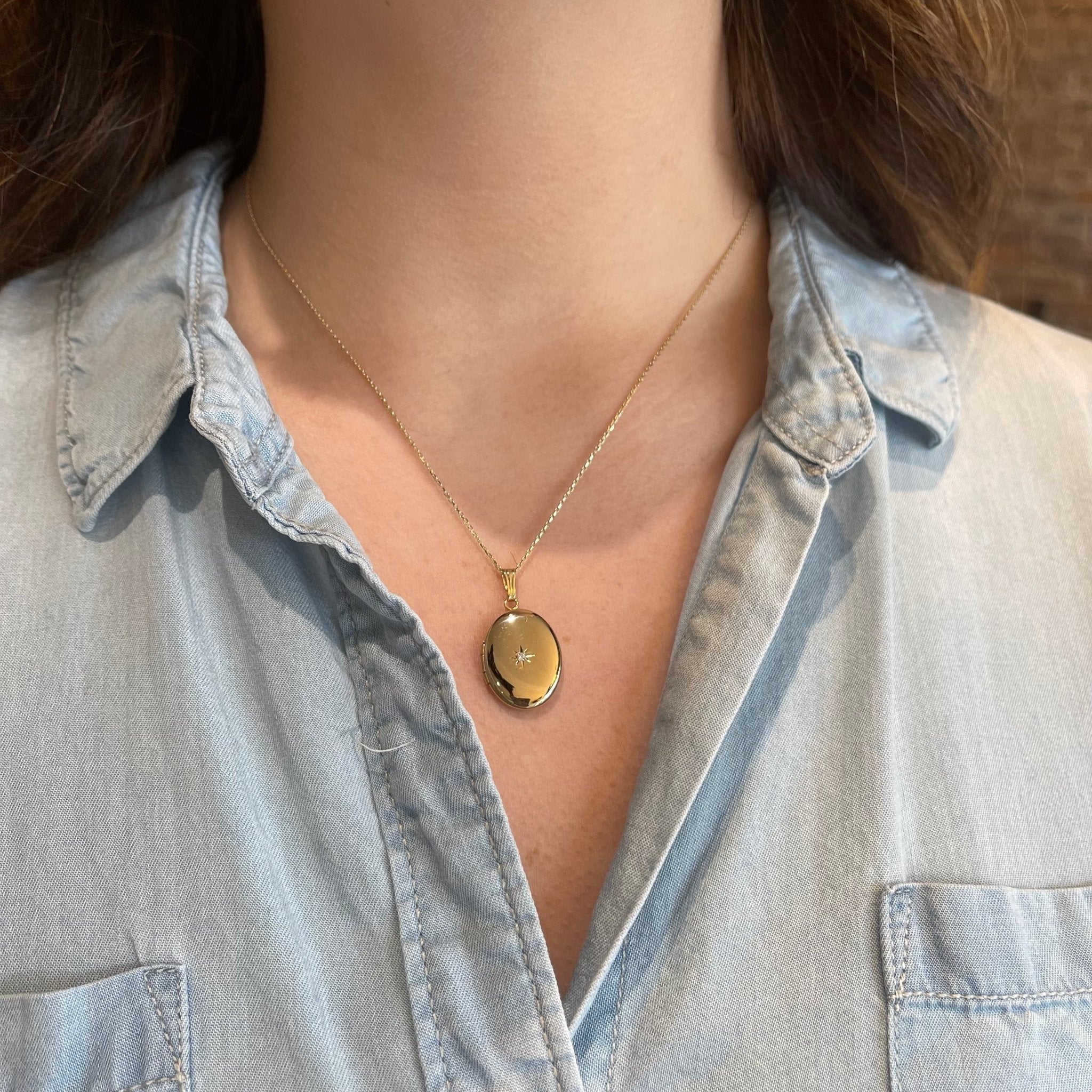 14K Yellow Gold Diamond Oval Locket Pendant - Walton's Jewelry