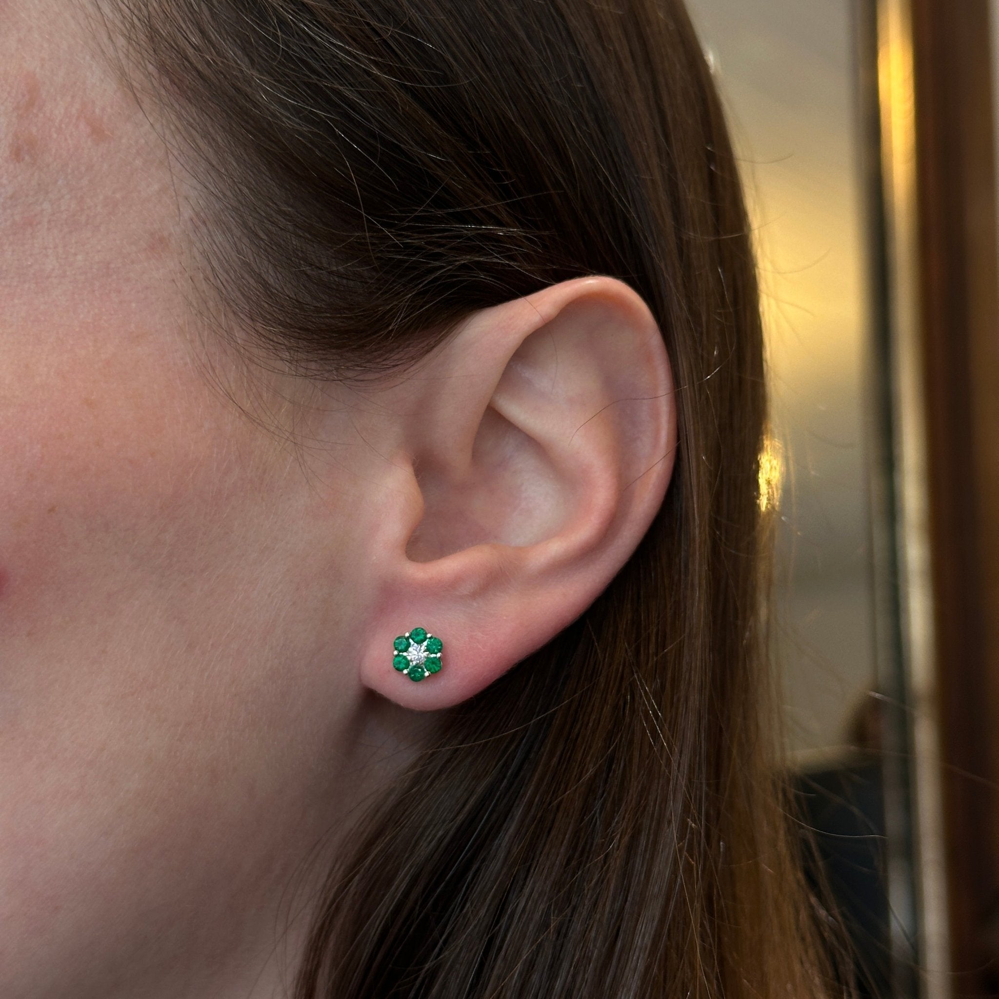 18K White Gold 0.23 CTW Diamond and Emerald Halo Earrings - Walton's Jewelry