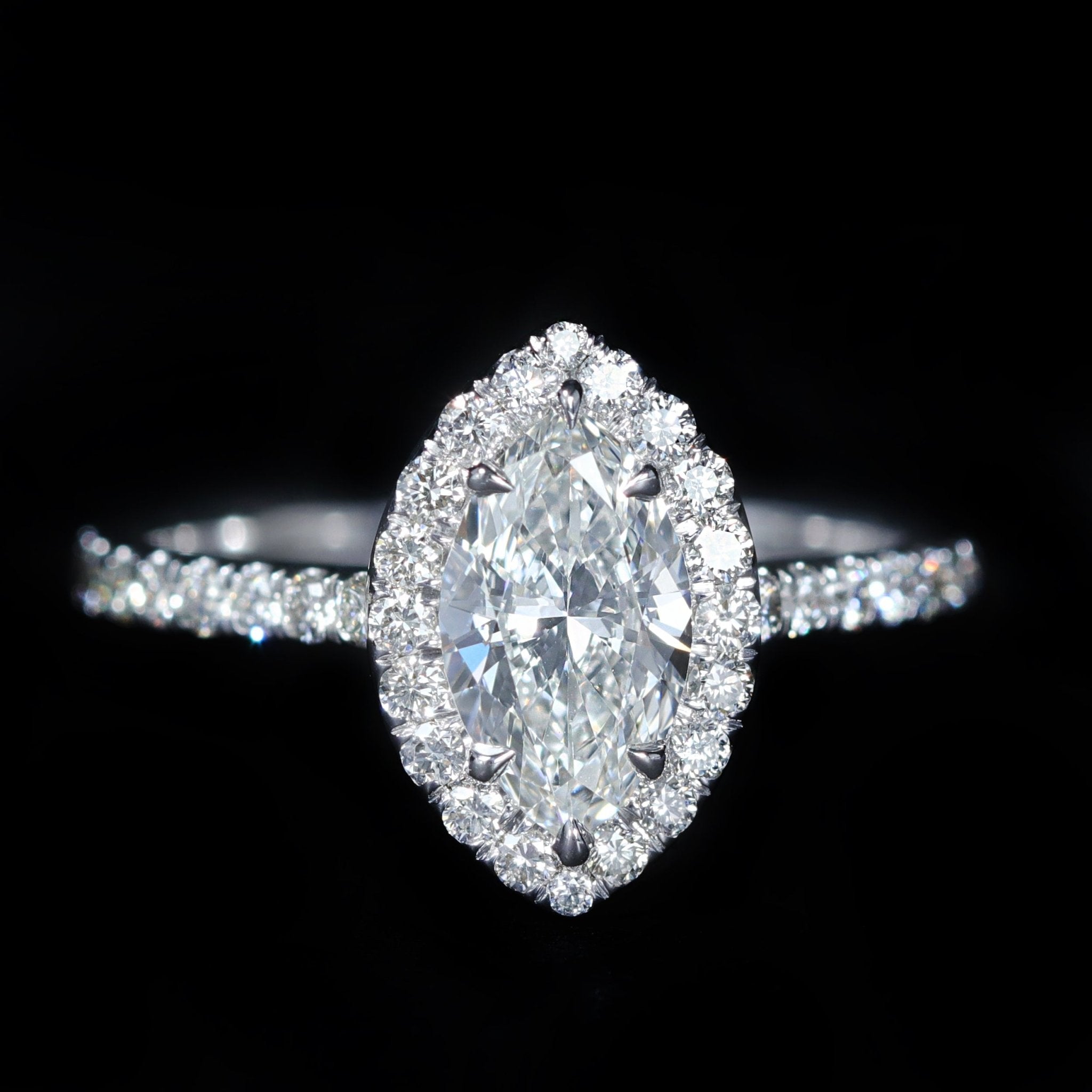 14K White Gold GIA 0.90 Carat Marquise Cut Diamond Halo Engagement Ring - Walton's Jewelry