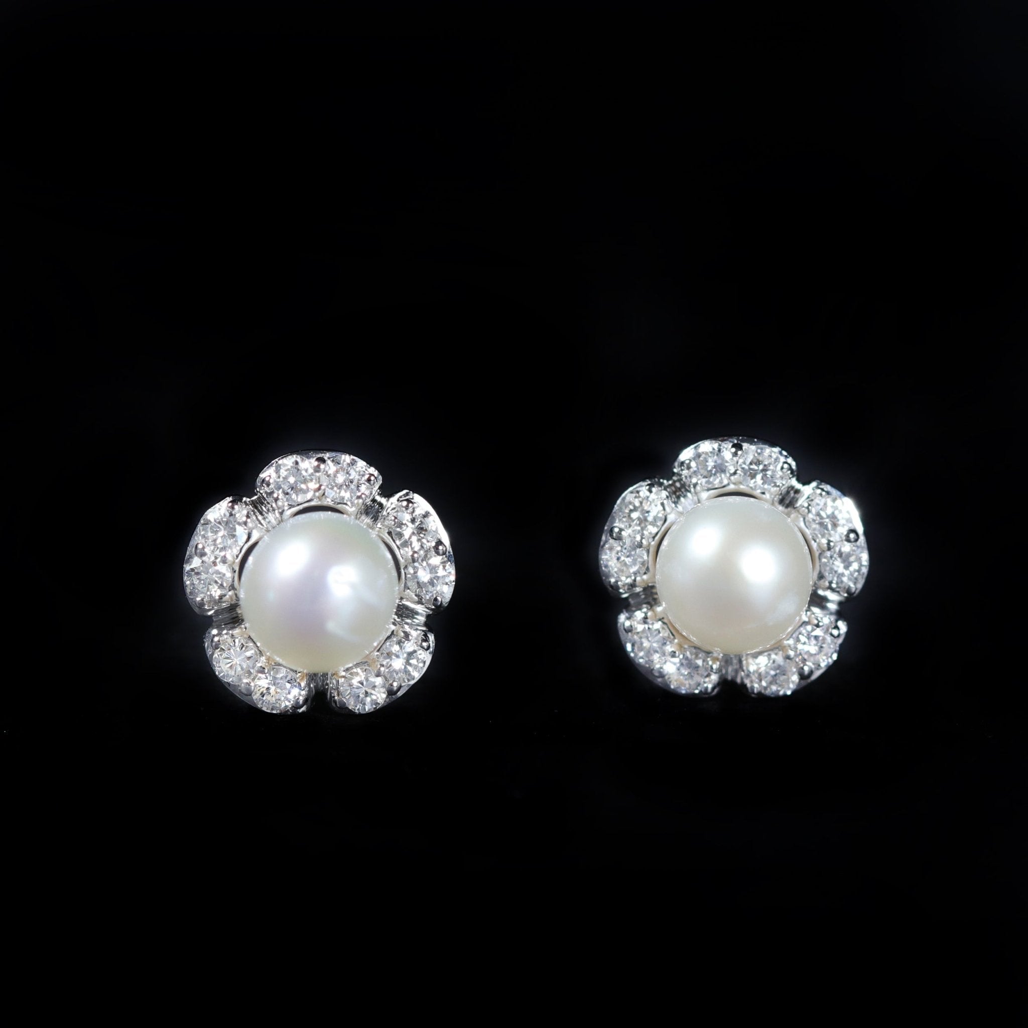 14K White Gold Pearl and Diamond Flower Stud Earrings - Walton's Jewelry