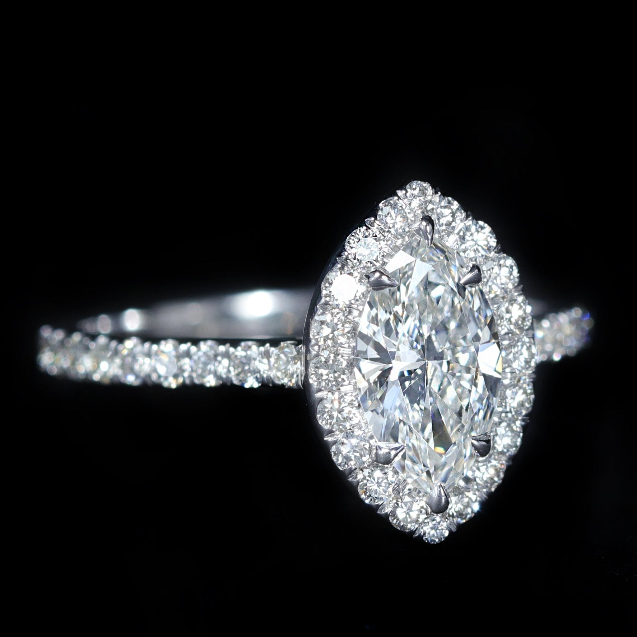 14K White Gold GIA 0.90 Carat Marquise Cut Diamond Halo Engagement Ring - Walton's Jewelry