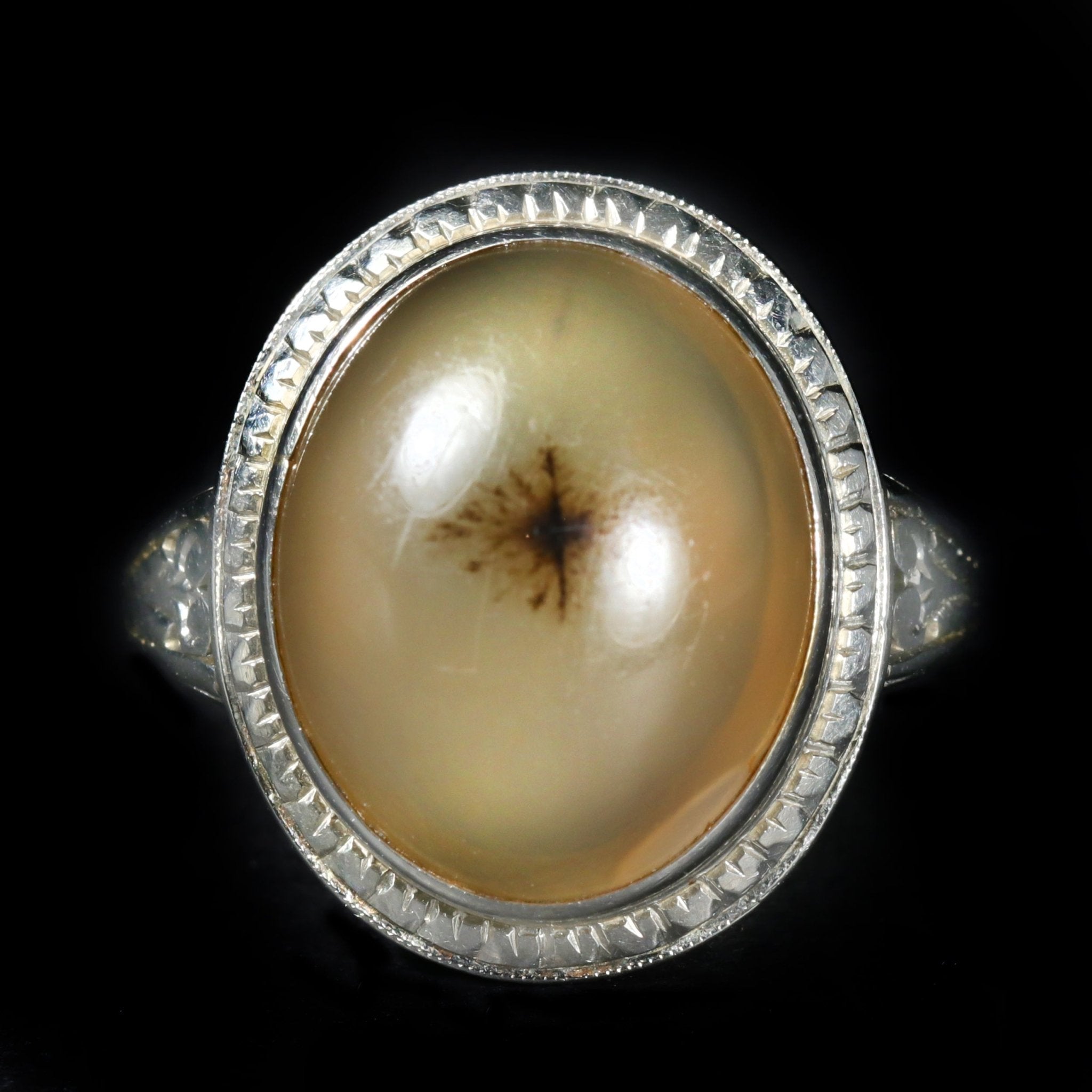 Art Deco 18K White Gold Agate Cabochon Ring - Walton's Jewelry