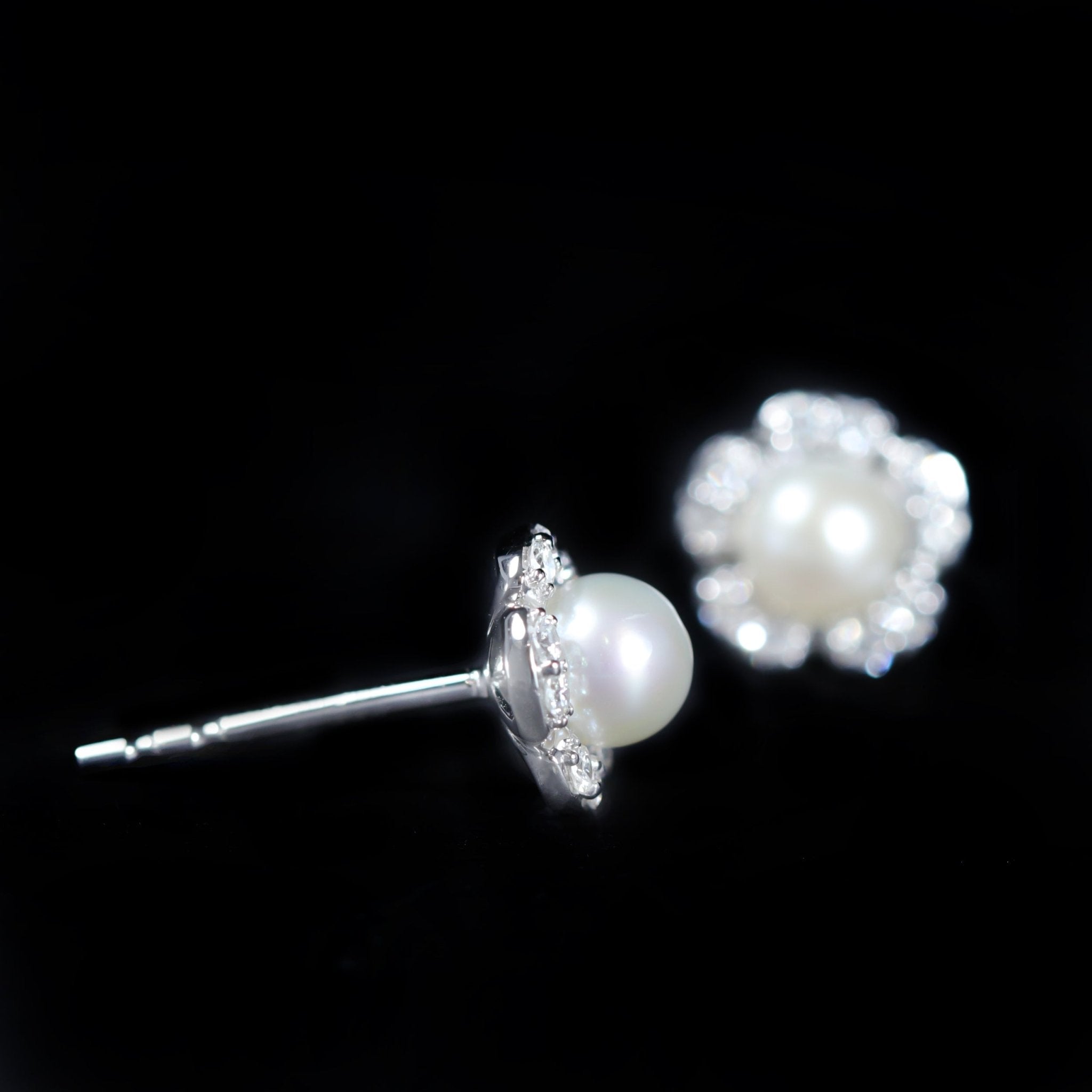 14K White Gold Pearl and Diamond Flower Stud Earrings - Walton's Jewelry