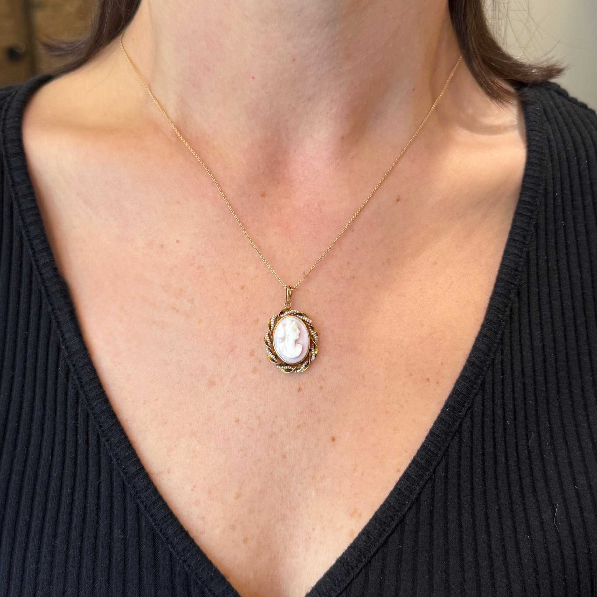 Estate 10K Yellow Gold Cameo and Pearl Pendant - Walton's Jewelry