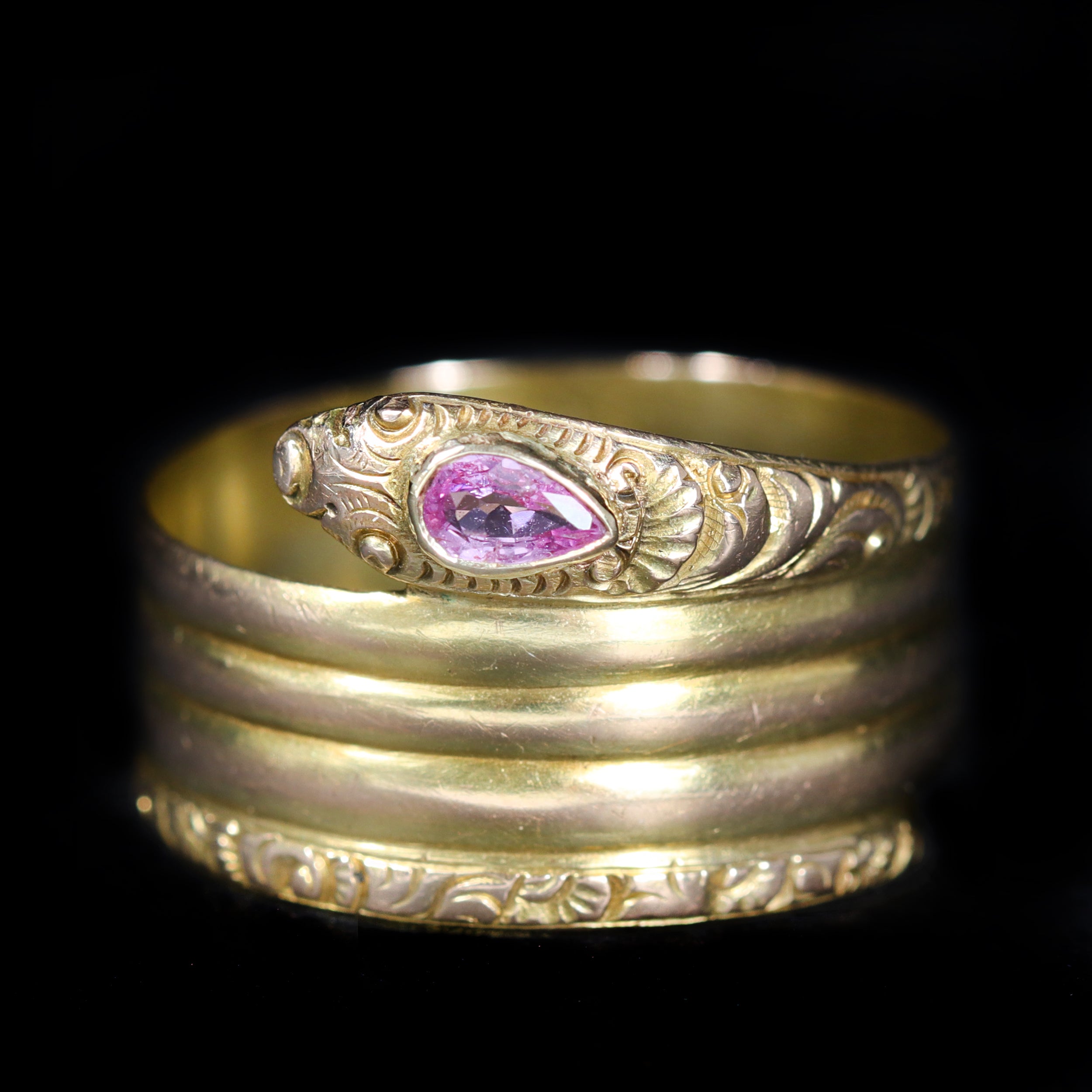 Victorian 15K Yellow Gold Pink Sapphire Snake Ring
